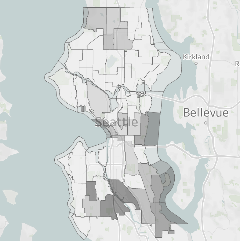 A map showing elevated housing precarity risk in Seattle.