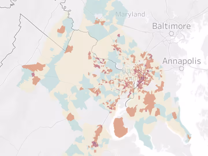 Tract-level map of Housing Precarity data for the Washington DC metro area