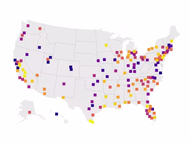 US map with locations marked with different colors