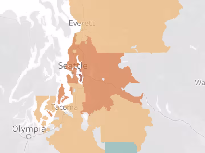 Map of the Seattle–Tacoma region highlighting geographic areas in different colors to show variation in the share of Indigenous renters.