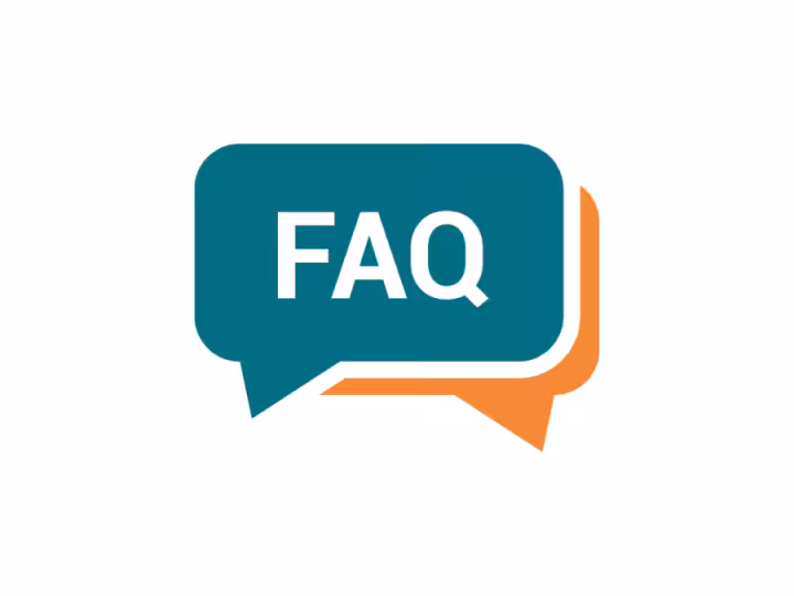 An icon showing two overlapping speech bubbles, one teal and one orange, with the text “FAQ” in the center, representing a frequently asked questions section.