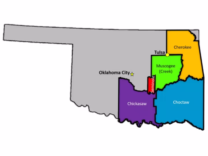 Photo of a map of the United States, focusing on Oklahoma City, Chickasaw, Choctaw, Cherokee, Tulsa, and Muscogee