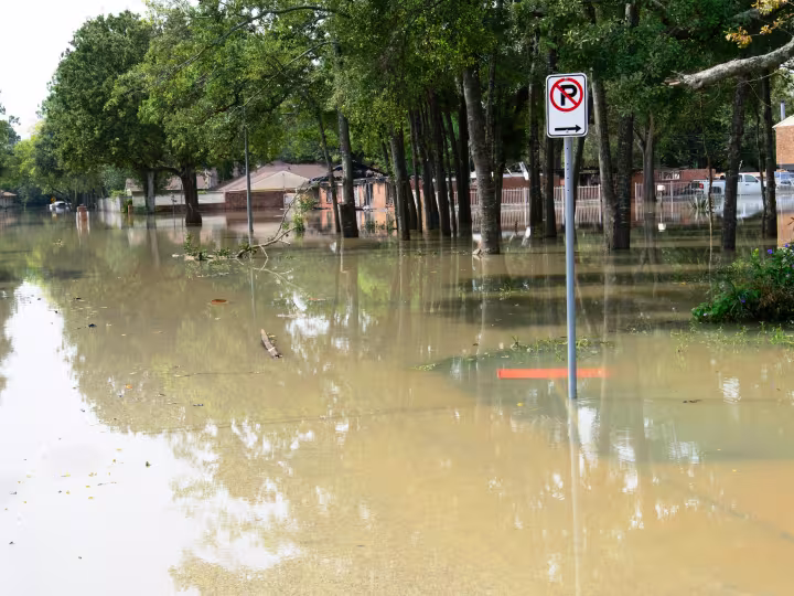 A residential street is flooded with muddy water, partially submerging trees, homes, and a street sign after severe flooding.