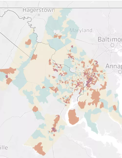 Tract-level map of Housing Precarity data for the Washington DC metro area