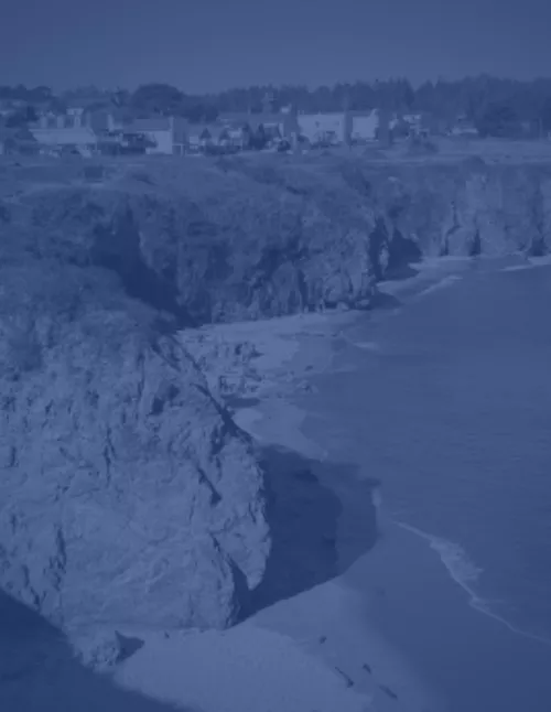 A monochromatic blue aerial view of a coastal cliffside with waves meeting the sandy shore and buildings along the edge above.