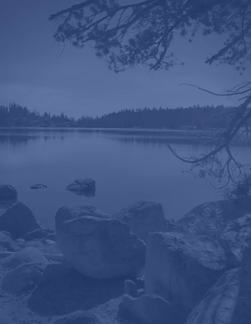 Blue-tinted photo of a calm lake surrounded by large rocks, trees, and a distant forested shoreline.