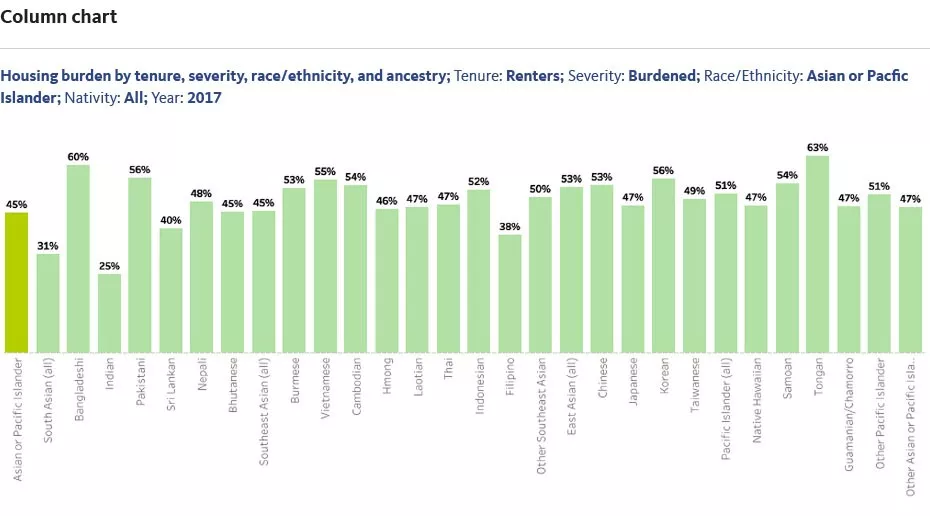 Column chart showing housing burden by tenure, severity, race/ethnicity, and ancestry.