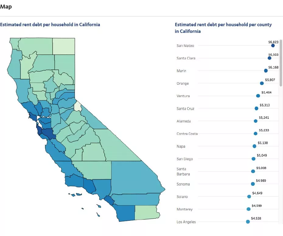 Map showing estimated rent debt per household in California